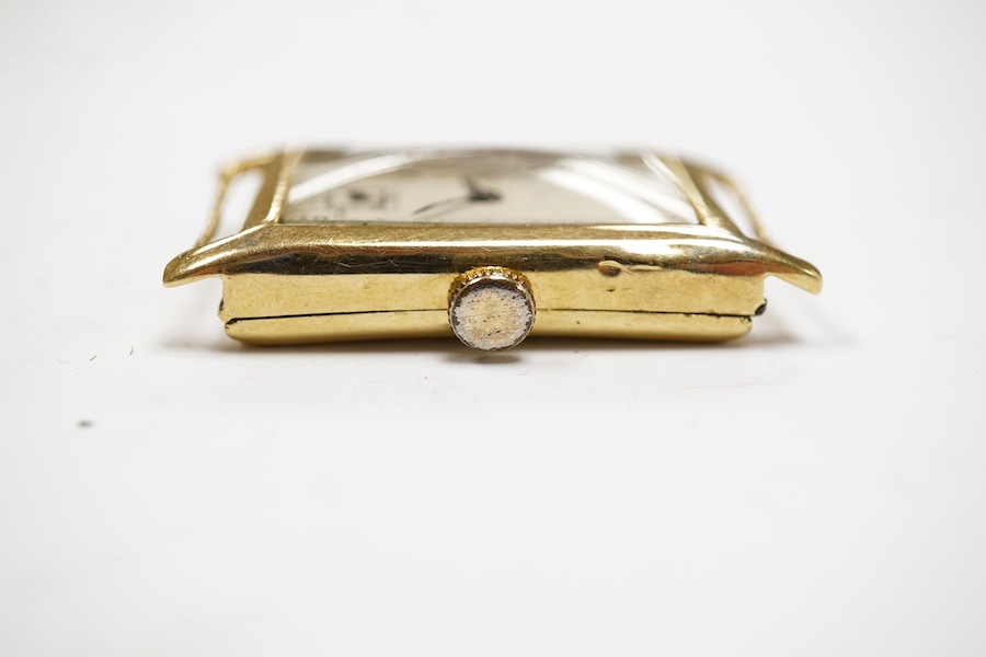 A gentleman's 1930's/1940's 9ct gold manual wind wrist watch, with rectangular Arabic dial and subsidiary seconds, case diameter 22mm. Condition - poor to fair